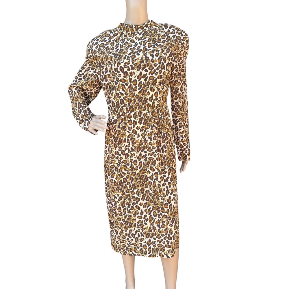 St. John Couture Size 10 Leopard Print Midi Dress Silk Blend Padded Shoulder